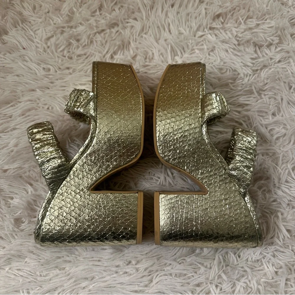 STAUD Frankie Ruched Sandals in Snake Platino Gold size 37